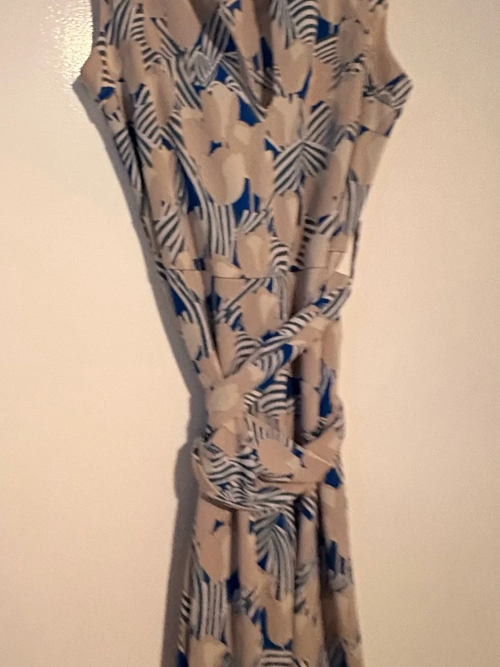 Tory Burch Beige and Blue Printed Sleeveless dress with belted sash.